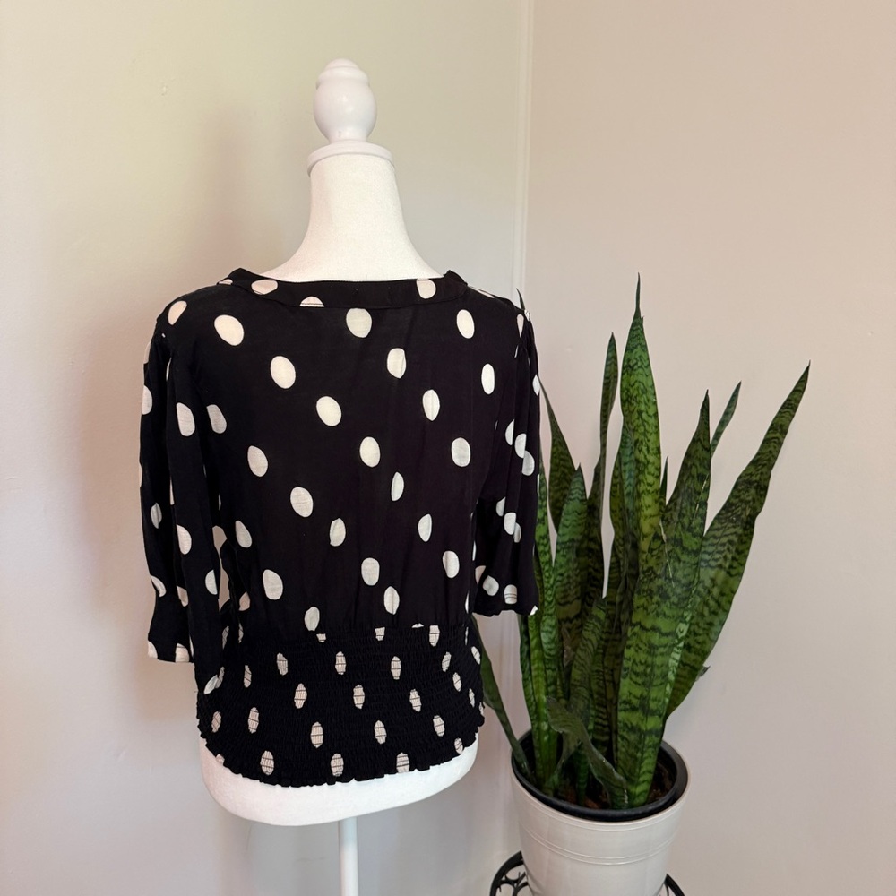 Anthropologie | Black and White Polka Dot Smocked Waist Blouse - Picture 3 of 11